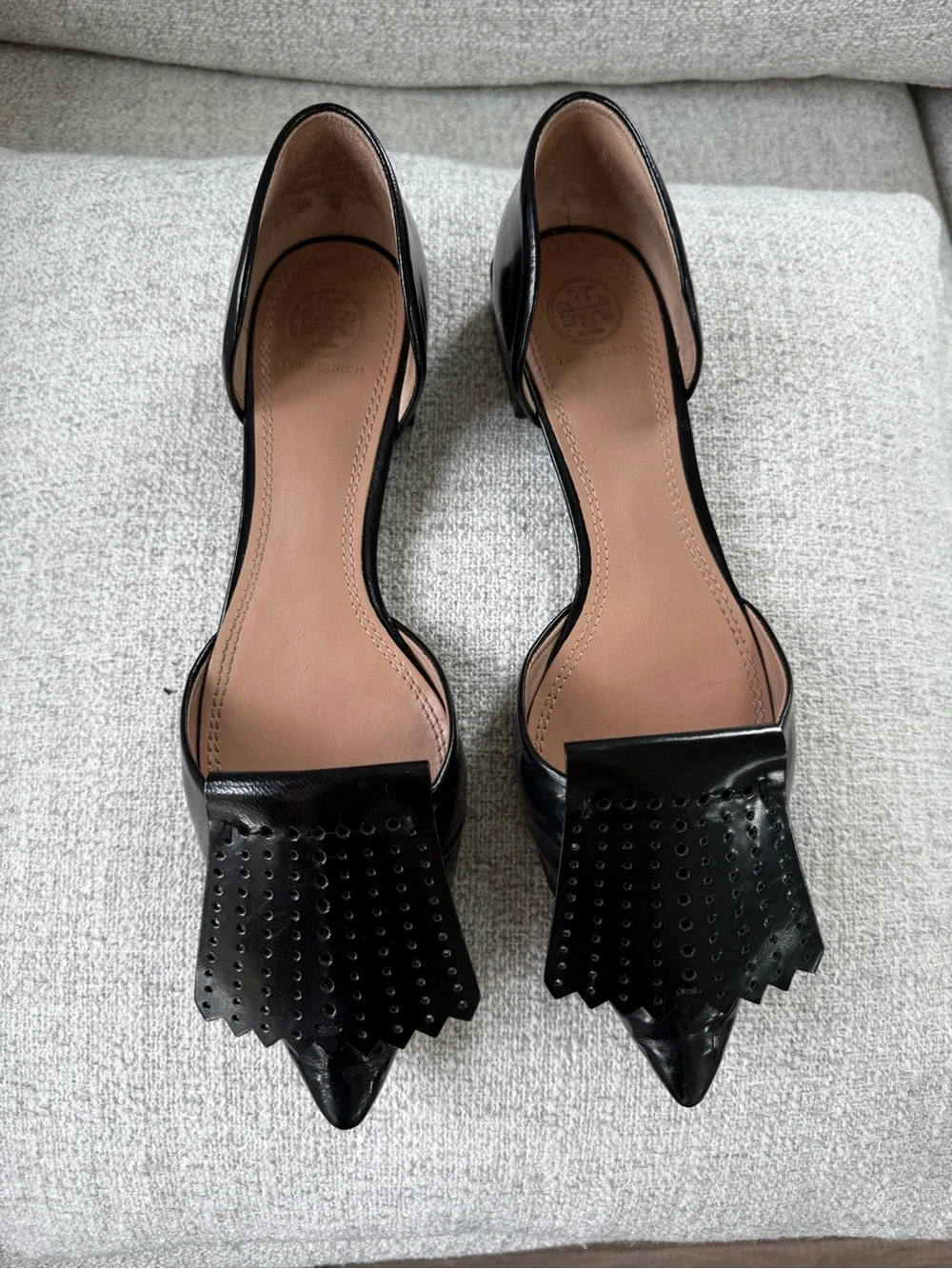 Tory Burch Black Patent Pointed D'Orsay Flats with Kiltie